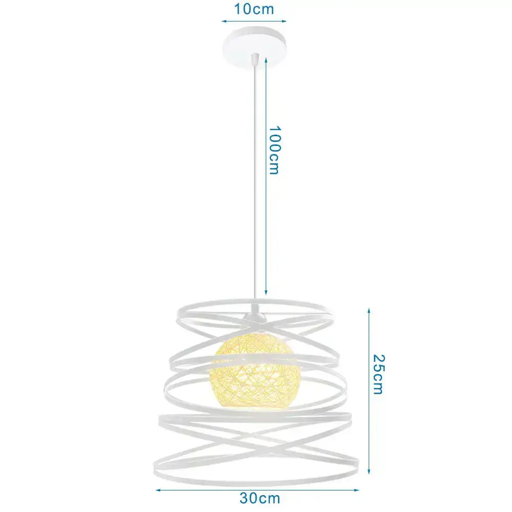 White spiral pendant light with glowing yellow woven globe in metal frame for decorbites industrial vintage loft decor