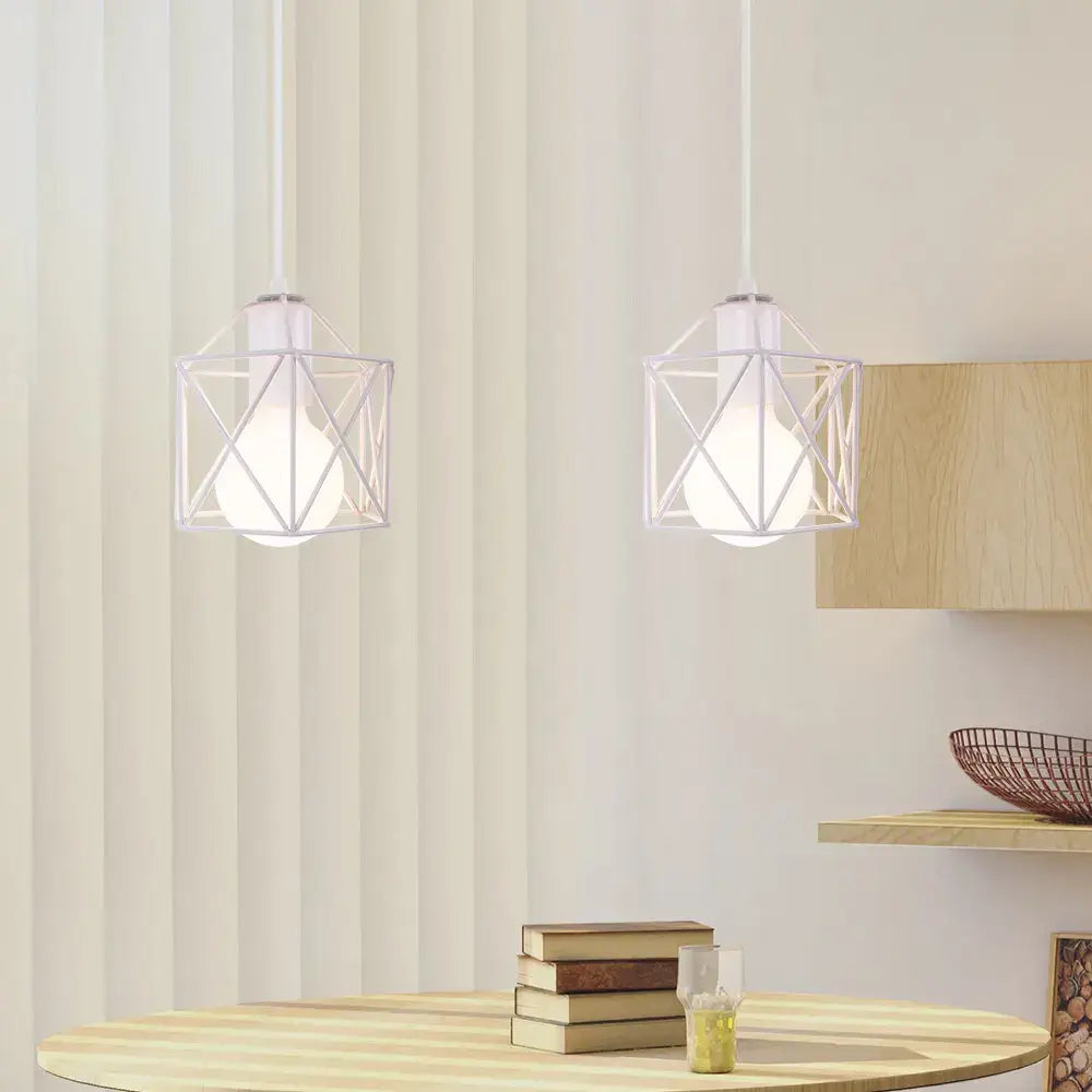 White geometric metal cage pendant lights with minimalist frame decorbites industrial vintage loft kitchen decor