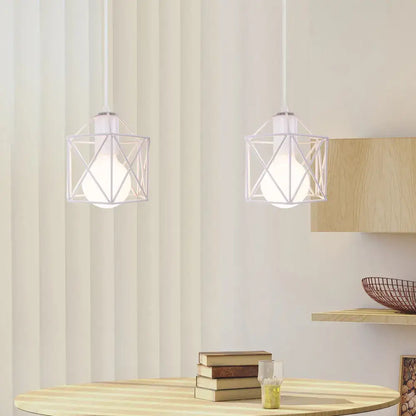 White geometric metal cage pendant lights with minimalist frame decorbites industrial vintage loft kitchen decor
