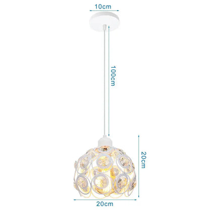 White spherical metal cage pendant light with circular cutouts and crystal elements for decorbites industrial vintage loft decor