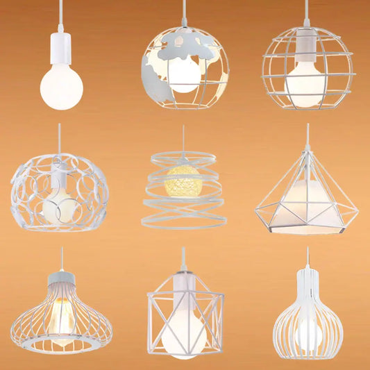 White metal cage pendant lights with geometric and globe designs for industrial vintage loft kitchen decorbites pendant lights