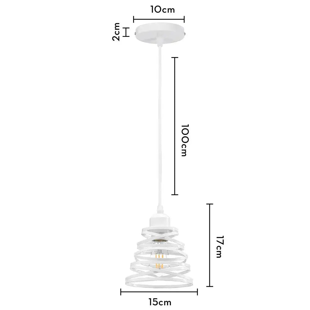 White spiral pendant light with wrought cage design and clear glass accents for decorbites industrial vintage decor