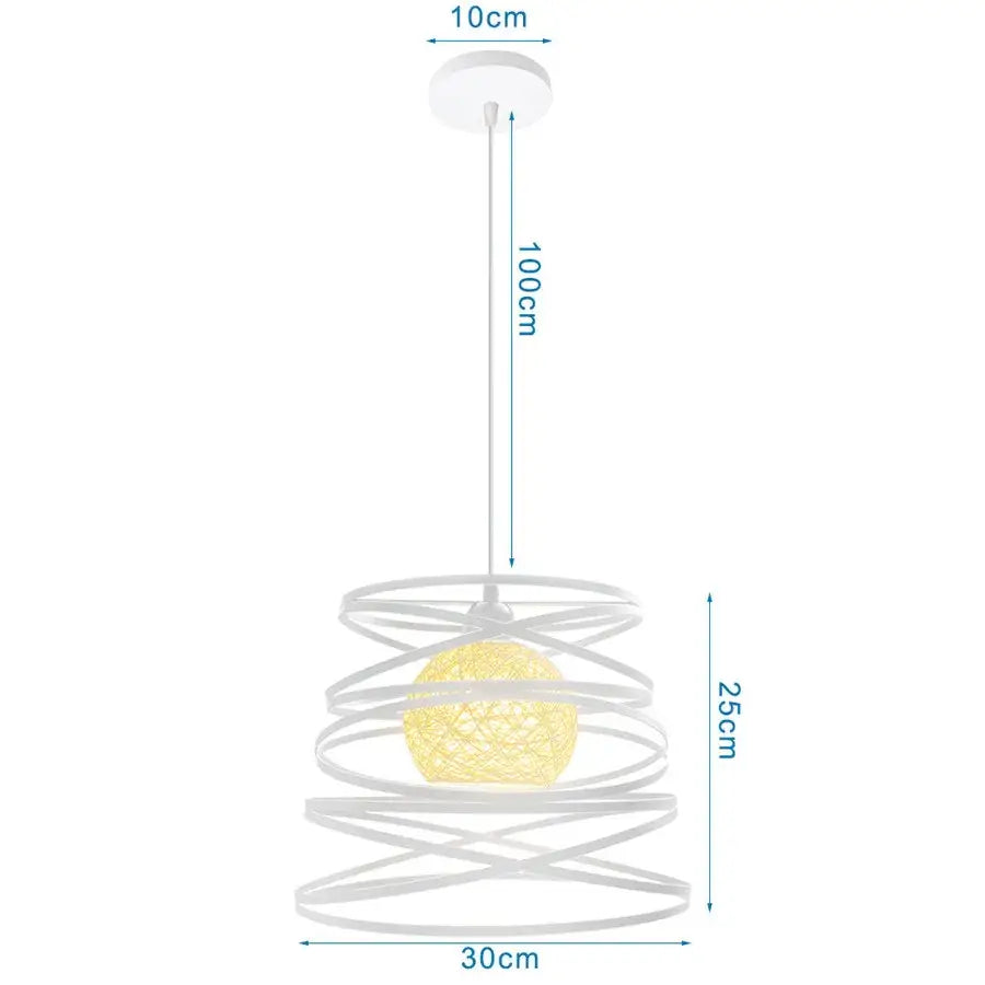 Industrial vintage white wrought cage pendant light with a white spiral design and warm yellow woven globe bulb for living room decorbites