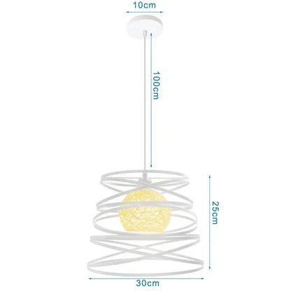 Industrial vintage white wrought cage pendant light with a white spiral design and warm yellow woven globe bulb for living room decorbites
