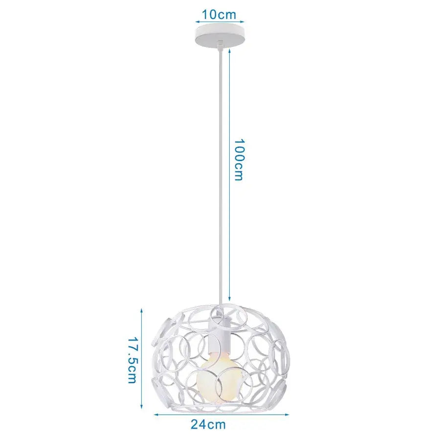 White spherical pendant light with openwork wrought cage design hanging from a 100cm cord decorbites industrial vintage