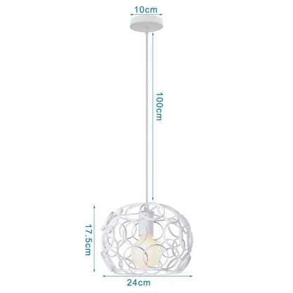 White spherical pendant light with openwork wrought cage design hanging from a 100cm cord decorbites industrial vintage