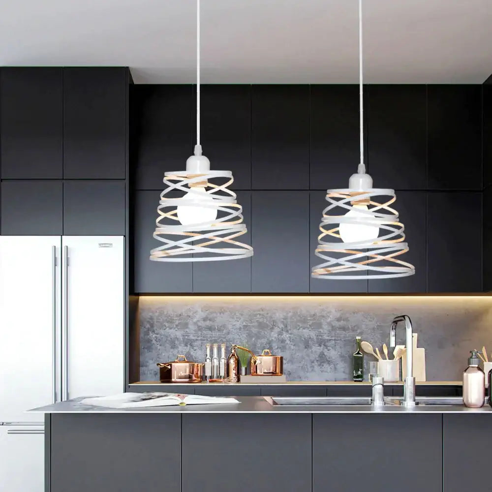 Modern white pendant light with wrought cage spiral wireframe design for kitchen counter decorbites industrial vintage