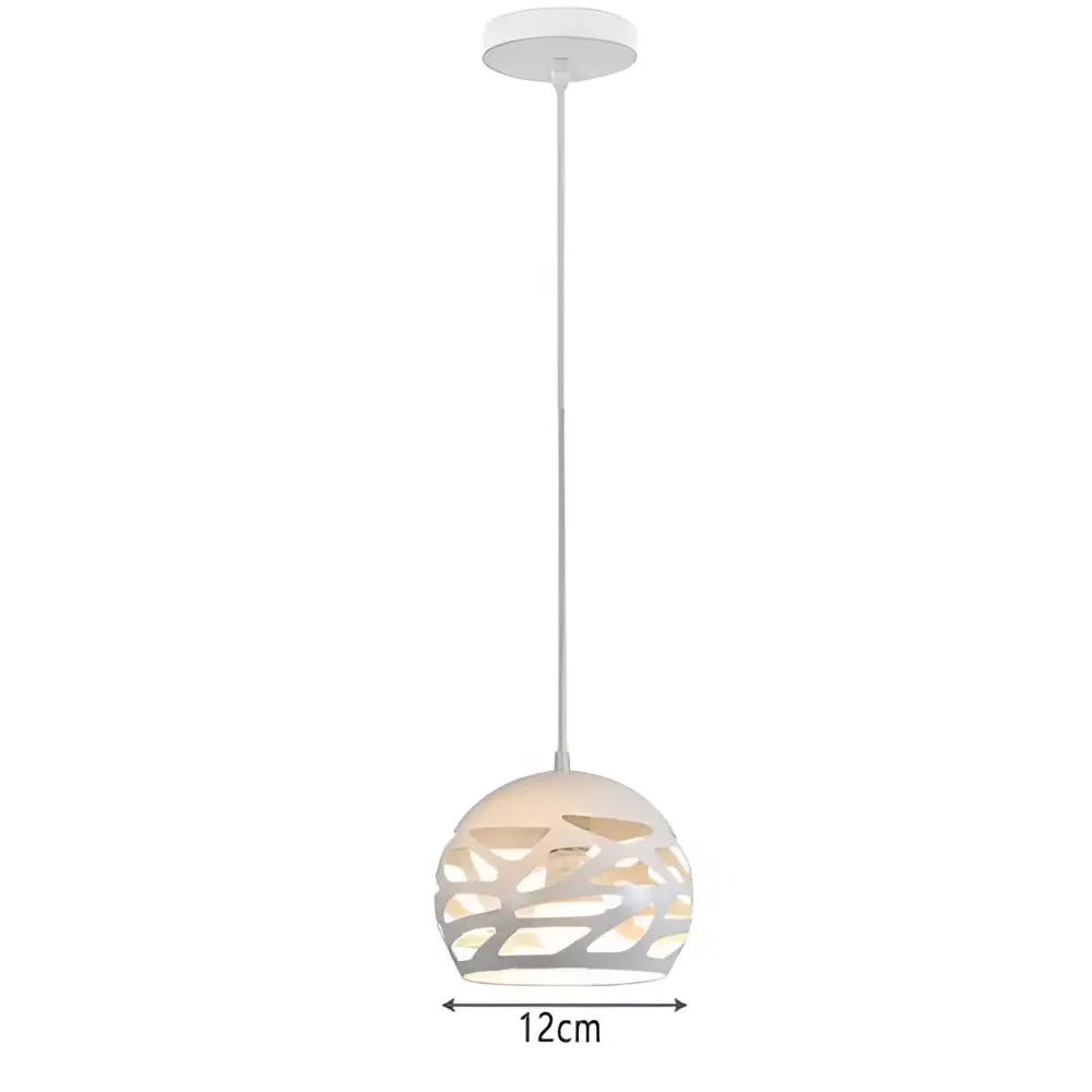 White spherical pendant light with intricate cut-out patterns and frosted glass in decorbites industrial vintage wrought cage design
