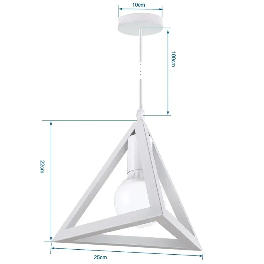White triangular pendant light with minimalist wrought cage frame and exposed bulb for living room decorbites industrial vintage