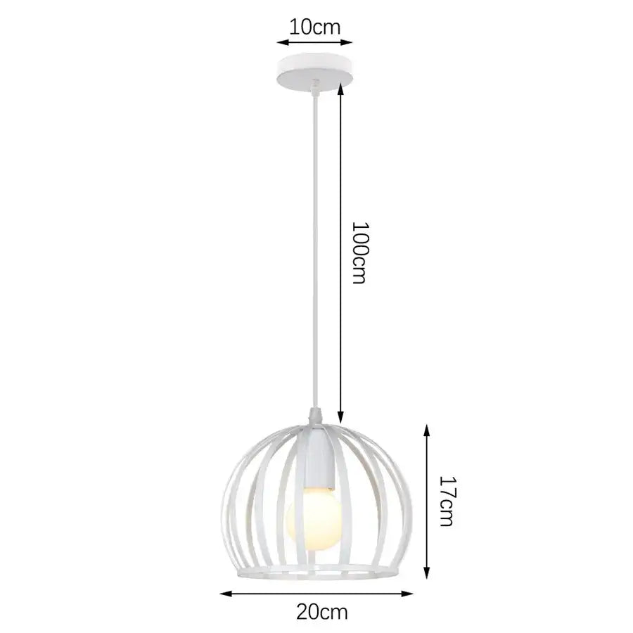 Industrial vintage white wrought cage pendant light with minimalist metal frame and exposed bulb for living room decorbites