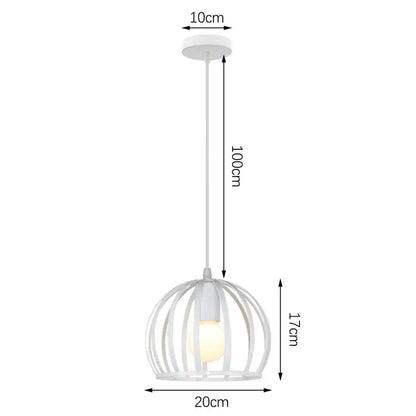 Industrial vintage white wrought cage pendant light with minimalist metal frame and exposed bulb for living room decorbites