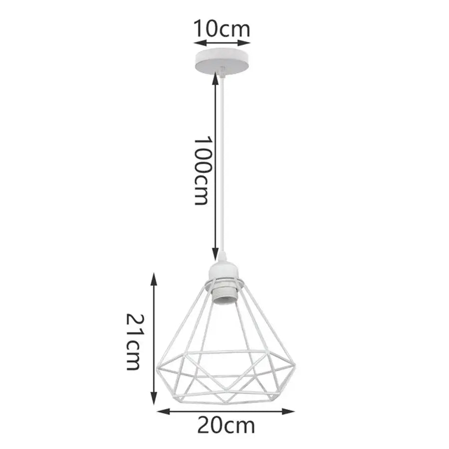 White diamond-shaped wrought cage pendant light with 10cm ceiling mount and 21cm lamp body for decorbites industrial vintage decor