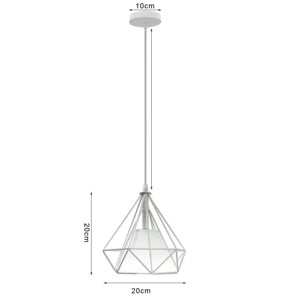 White geometric diamond-shaped pendant light with frosted glass shade and metal wrought cage decorbites industrial vintage