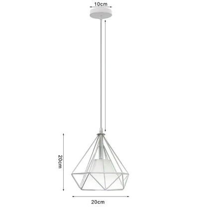 White geometric diamond-shaped pendant light with frosted glass shade and metal wrought cage decorbites industrial vintage