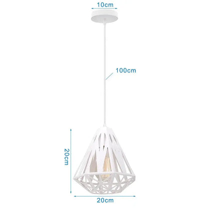 White wrought cage pendant light with diamond lattice design and exposed bulb for industrial vintage decorbites living room
