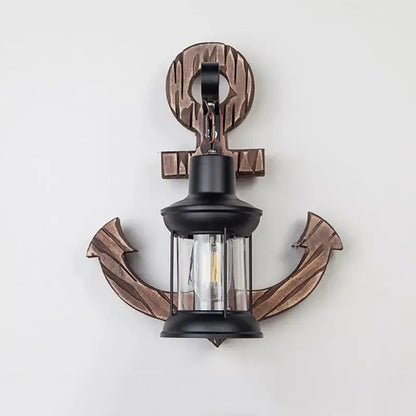 Industrial vintage wood wall lamp featuring a bronze anchor lantern with black and copper-toned metal decorbites industrial vintage
