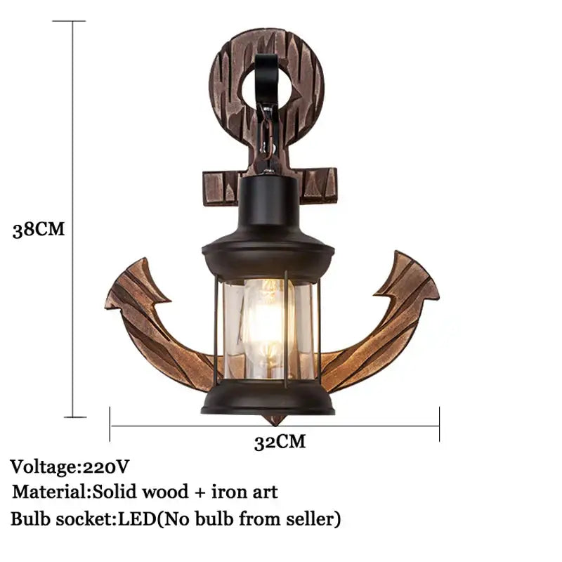 Industrial vintage wood wall lamp bronze anchor lantern with solid wood iron art and clear glass led socket decorbites wall lamp