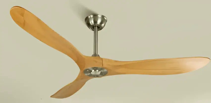 A decorbites industrial vintage wooden ceiling fan with three light brown blades and a brushed nickel hub for living room decor