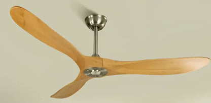 A decorbites industrial vintage wooden ceiling fan with three light brown blades and a brushed nickel hub for living room decor