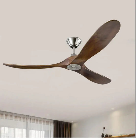 Modern industrial vintage wooden ceiling fan with three dark brown blades and brushed nickel decorbites finish for living room decor