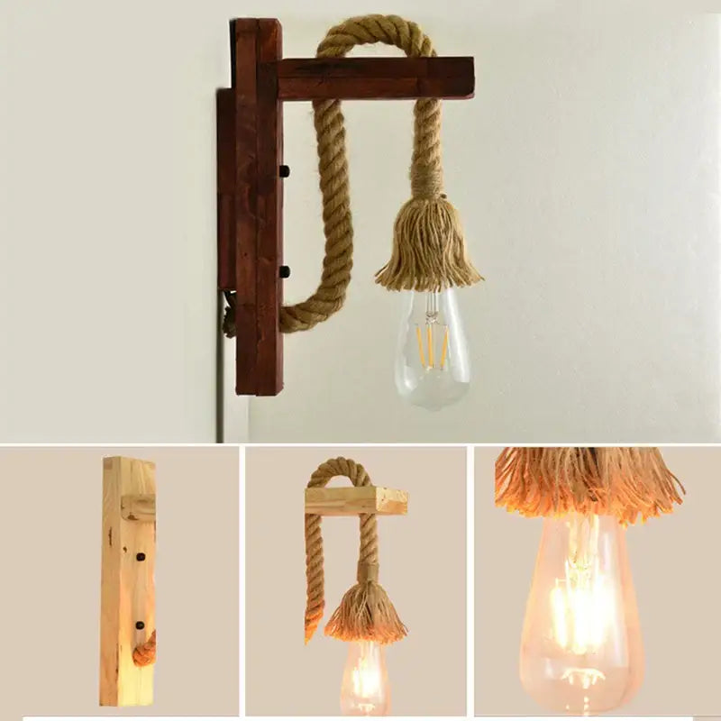 Rustic wooden wall lamp with thick natural rope cord and tassel featuring exposed edison bulb for industrial vintage decorbites
