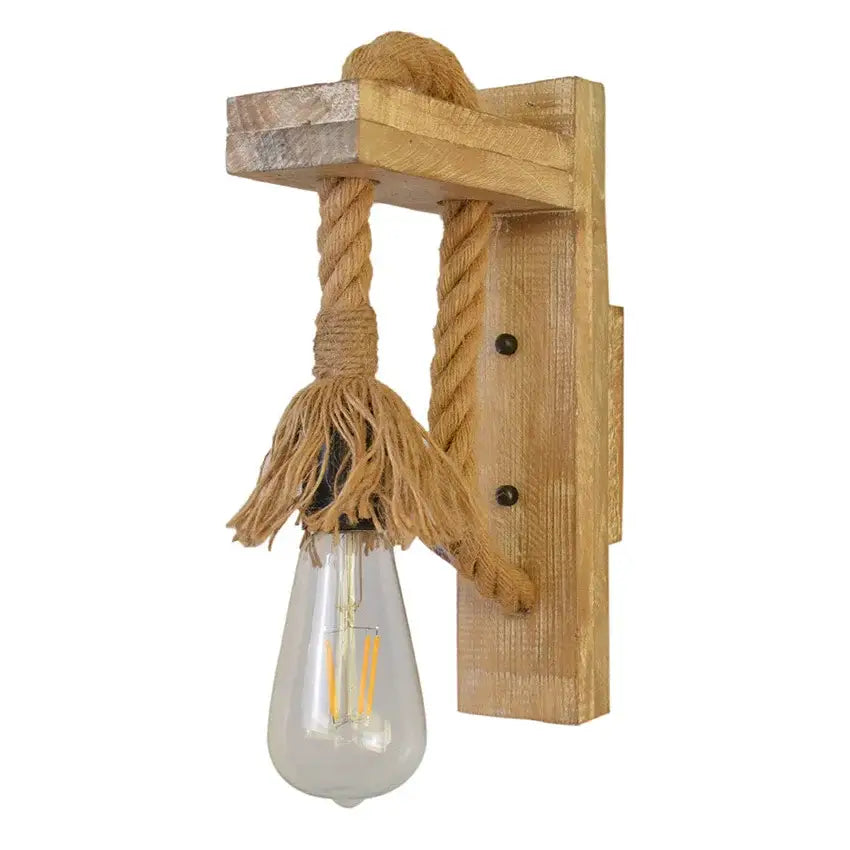 Rustic wooden wall lamp with thick natural rope and clear glass bulb in decorbites industrial vintage style bedroom sconce