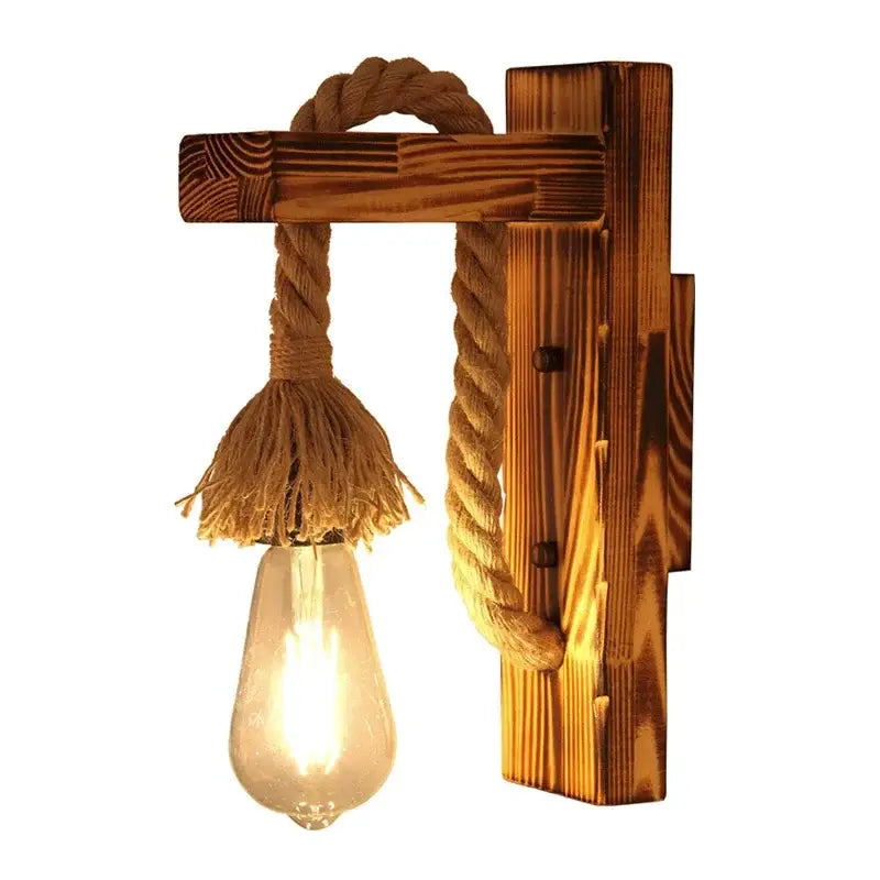 Rustic wooden wall lamp with thick braided rope and warm filament bulb decorbites industrial vintage style sconce