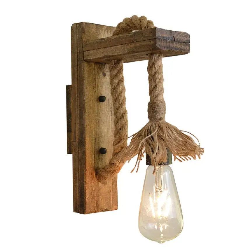 Rustic wooden wall lamp with thick natural rope and clear glass bulb decorbites industrial vintage sconce for bedroom decor