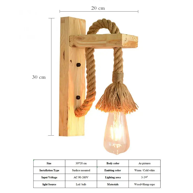 Industrial vintage wooden wall lamp with rustic hemp rope and tassel on 20 cm by 30 cm wooden wall sconce decorbites