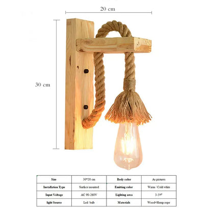 Industrial vintage wooden wall lamp with rustic hemp rope and tassel on 20 cm by 30 cm wooden wall sconce decorbites