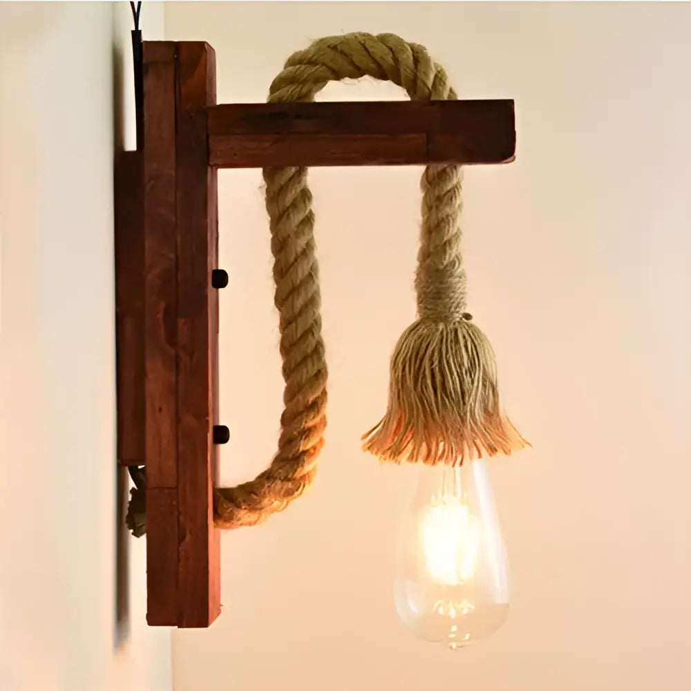 Rustic wooden wall lamp with thick beige rope and glowing bulb industrial vintage decorbites rope sconce for bedroom