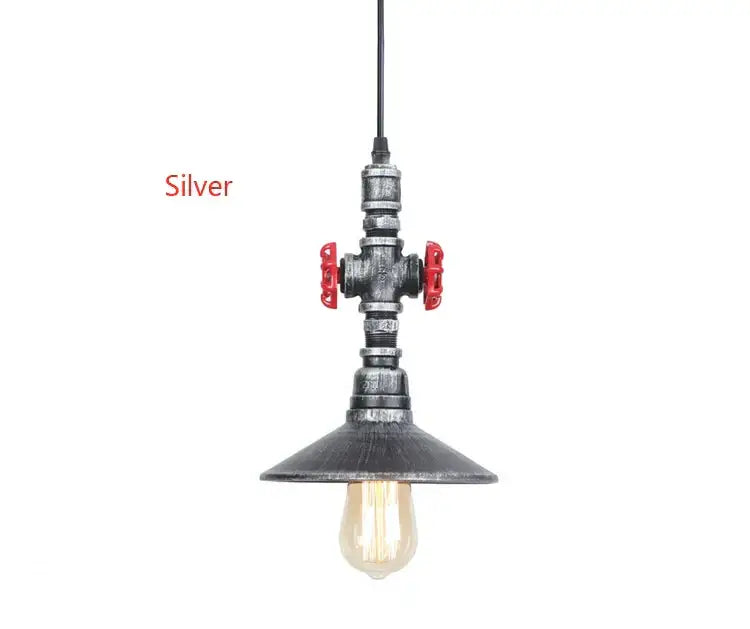 Silver industrial water pipe pendant light with red valve handles and vintage bulb for dining room decorbites industrial water