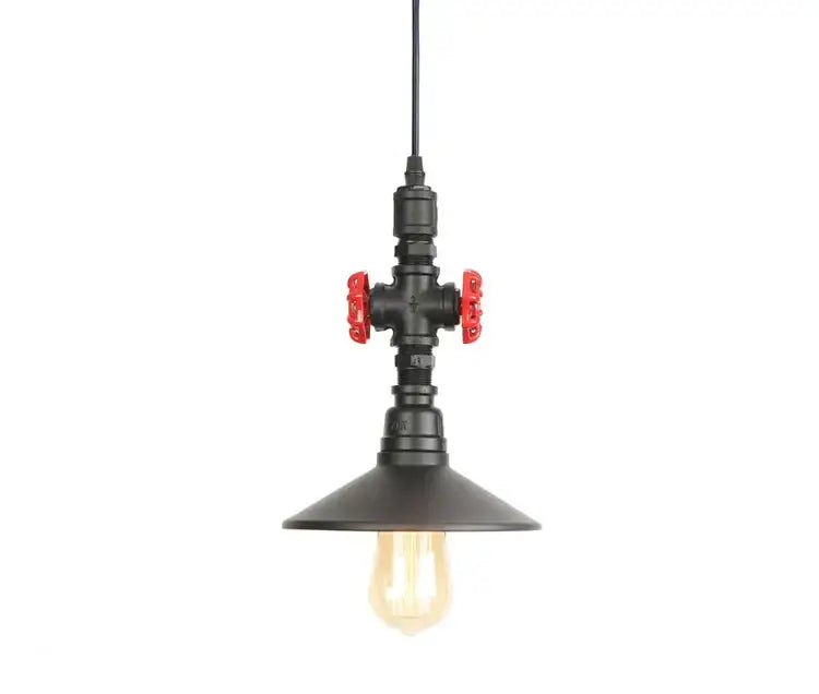 Black industrial water pipe pendant light with red valve handles and vintage bulb for dining room decorbites industrial water