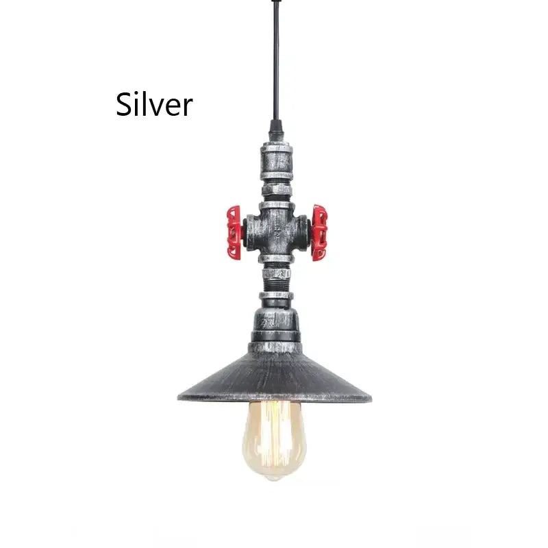 Industrial water pipe pendant light with silver finish red valve handles and vintage edison bulb for dining room decorbites industrial water