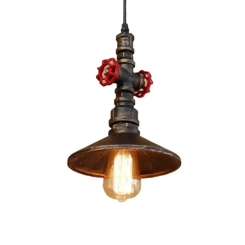 Industrial water pipe pendant light with dark weathered metal and bright red valve handles for dining room decorbites industrial water