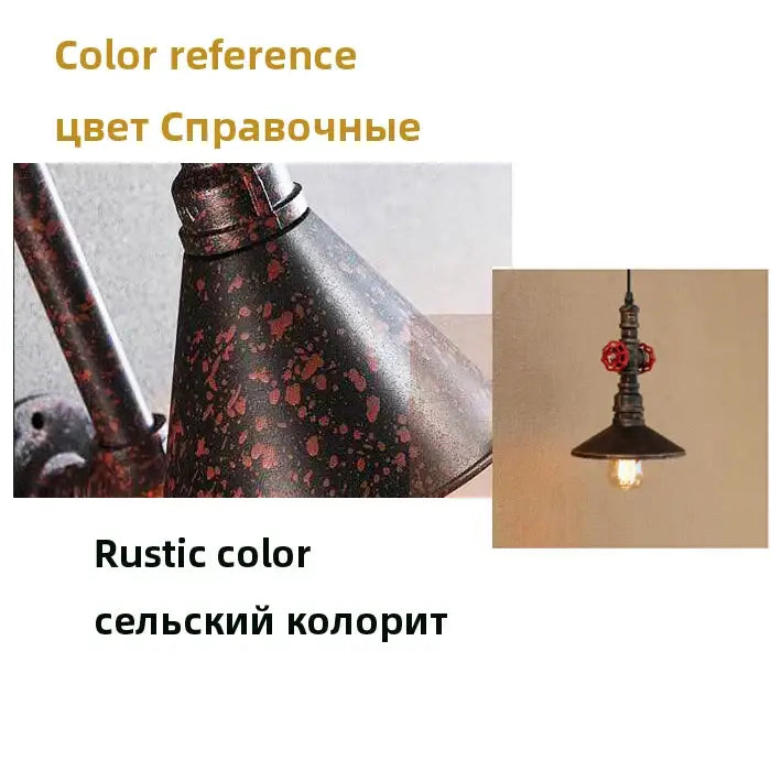 Industrial water pipe pendant light with dark speckled rustic finish and red valve accents for dining room decorbites industrial water
