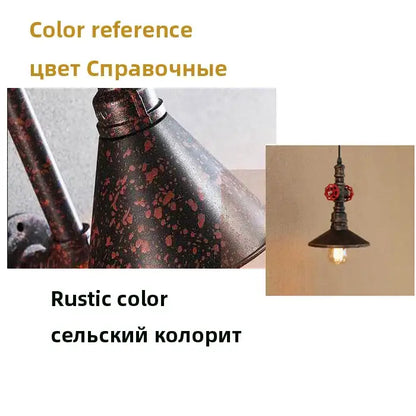 Industrial water pipe pendant light with dark speckled rustic finish and red valve accents for dining room decorbites industrial water
