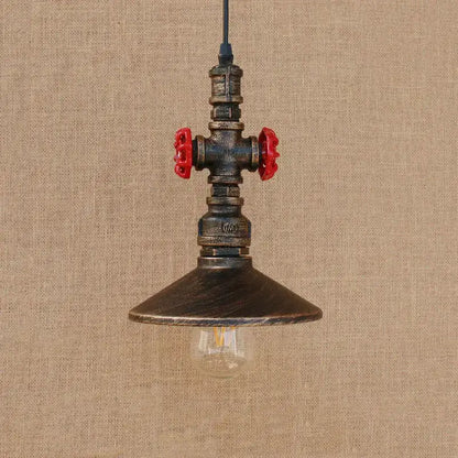 Industrial water pipe pendant light with dark weathered metal body and bright red valve handles for dining room decorbites industrial water decor