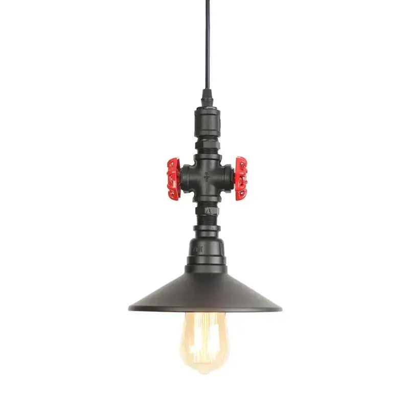 Industrial water pipe pendant light with black pipes, red valve handles, and warm filament bulb for dining room decorbites industrial water style
