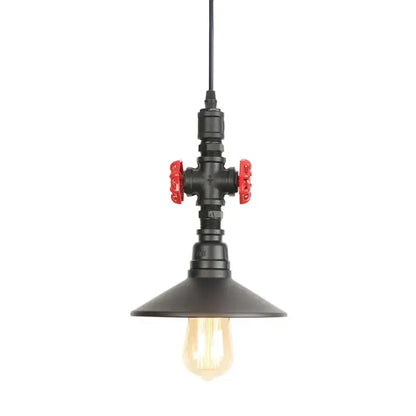 Industrial water pipe pendant light with black pipes, red valve handles, and warm filament bulb for dining room decorbites industrial water style