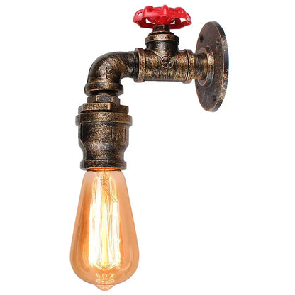Industrial water pipe wall sconce with brass-finished pipe, red valve, amber filament bulb for decorbites industrial water decor