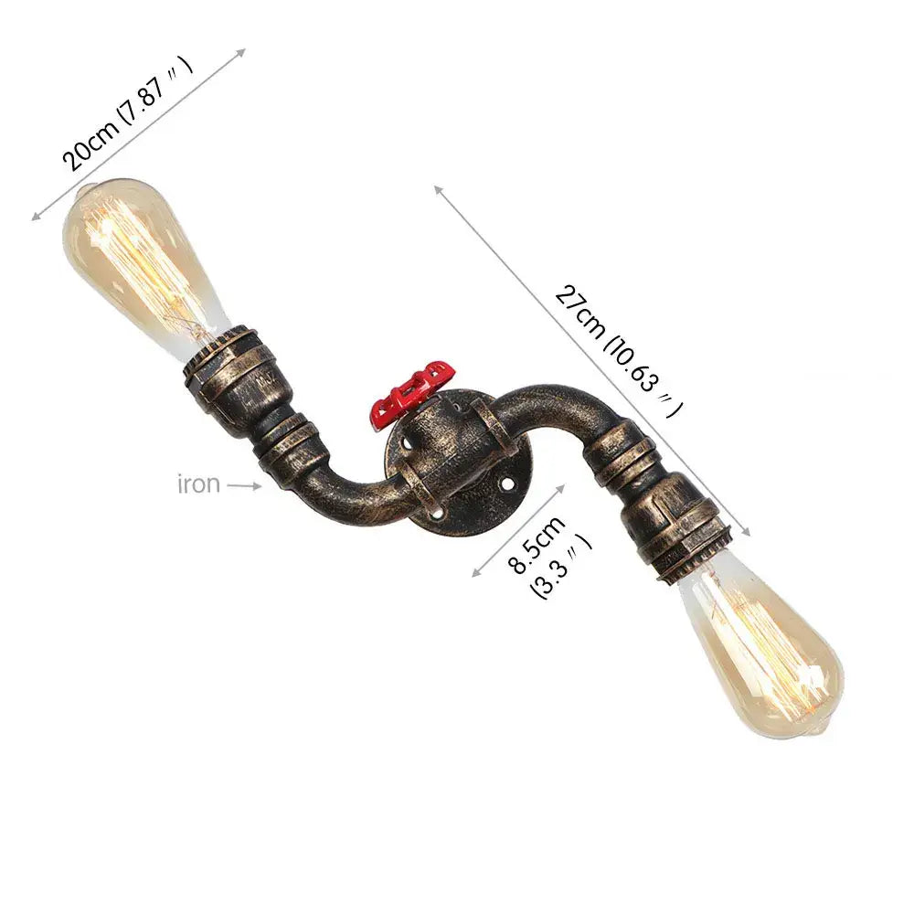 Industrial water pipe wall sconce with two vintage edison bulbs iron construction and red valve accent for living room decorbites industrial water