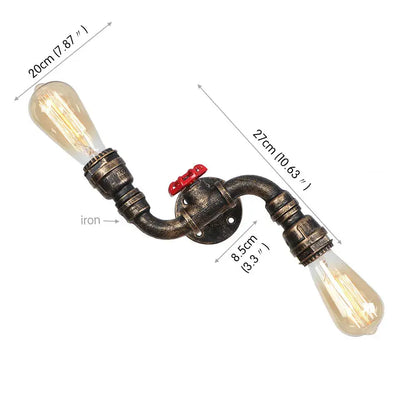 Industrial water pipe wall sconce with two vintage edison bulbs iron construction and red valve accent for living room decorbites industrial water