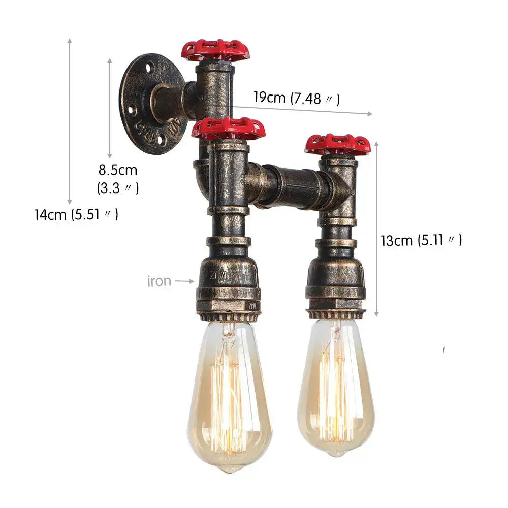 Industrial water pipe wall sconce in rustic iron with red valve handles and two exposed filament bulbs for living room decorbites industrial water