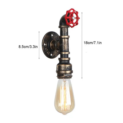 Industrial water pipe wall sconce with brass-finished pipe, red valve handle, and exposed filament bulb for living room decorbites industrial water style