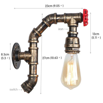 Industrial water pipe wall sconce featuring iron construction with a rustic patina and red valve handle for vintage decorbites industrial water style