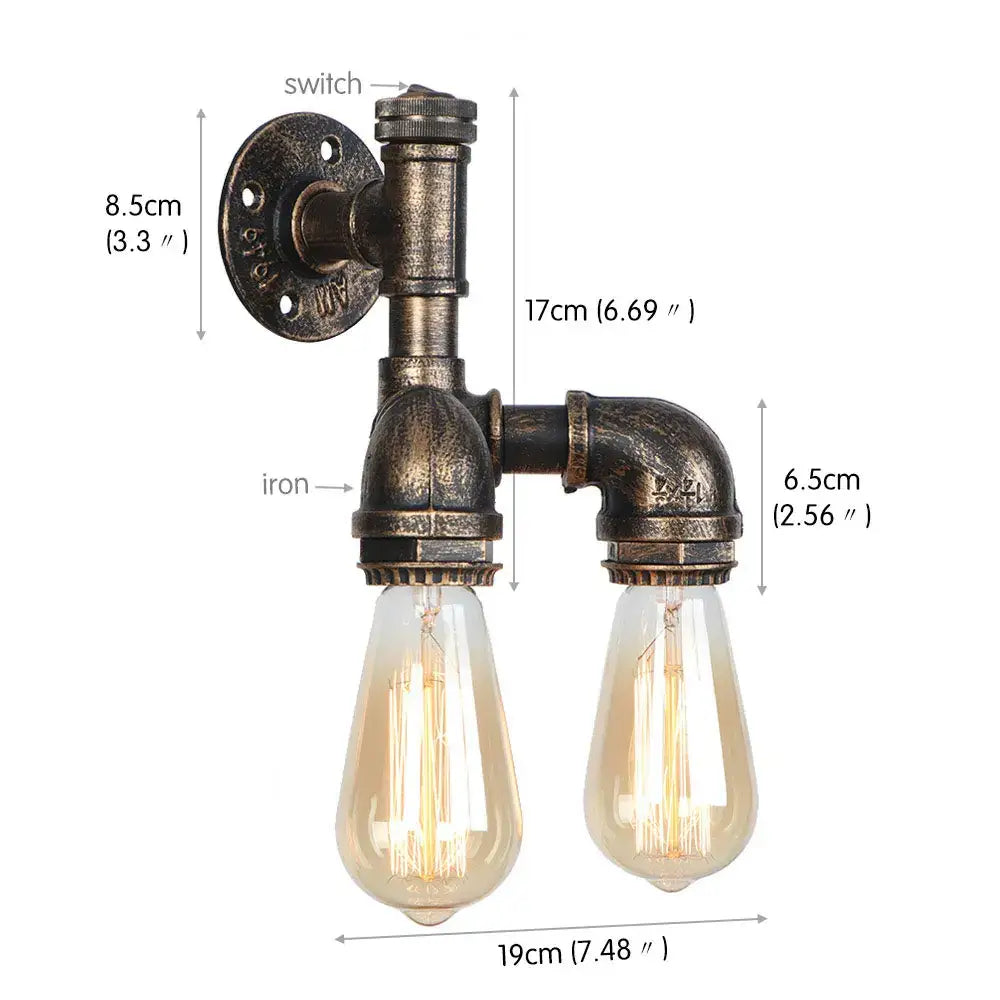 Industrial water pipe wall sconce with iron vintage design and two exposed filament bulbs for living room decorbites industrial water