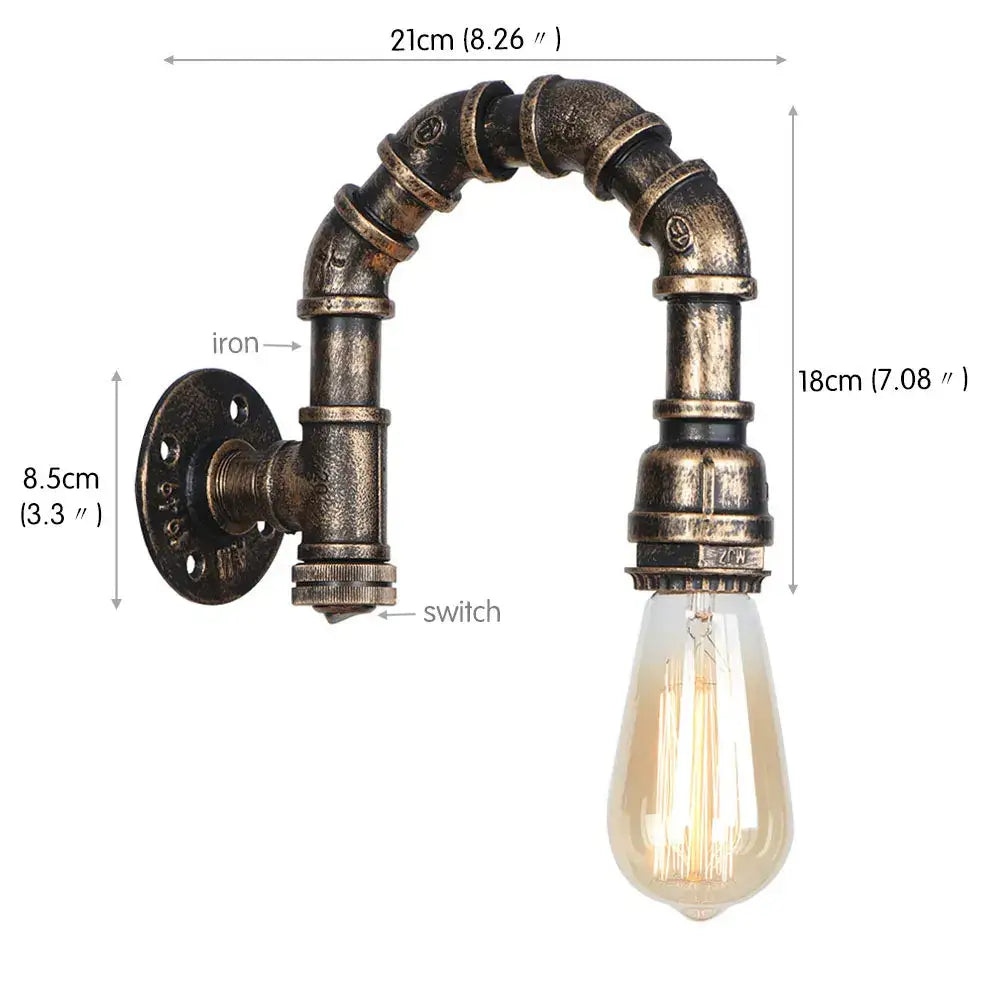 Industrial water pipe wall sconce with aged iron pipes and vintage brass finish featuring exposed filament bulb for living room decorbites industrial water