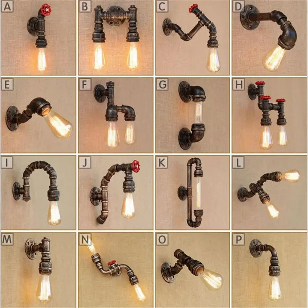 Industrial water pipe wall sconce made of dark rustic metal pipes with vintage finish and red valve caps for living room decorbites industrial water