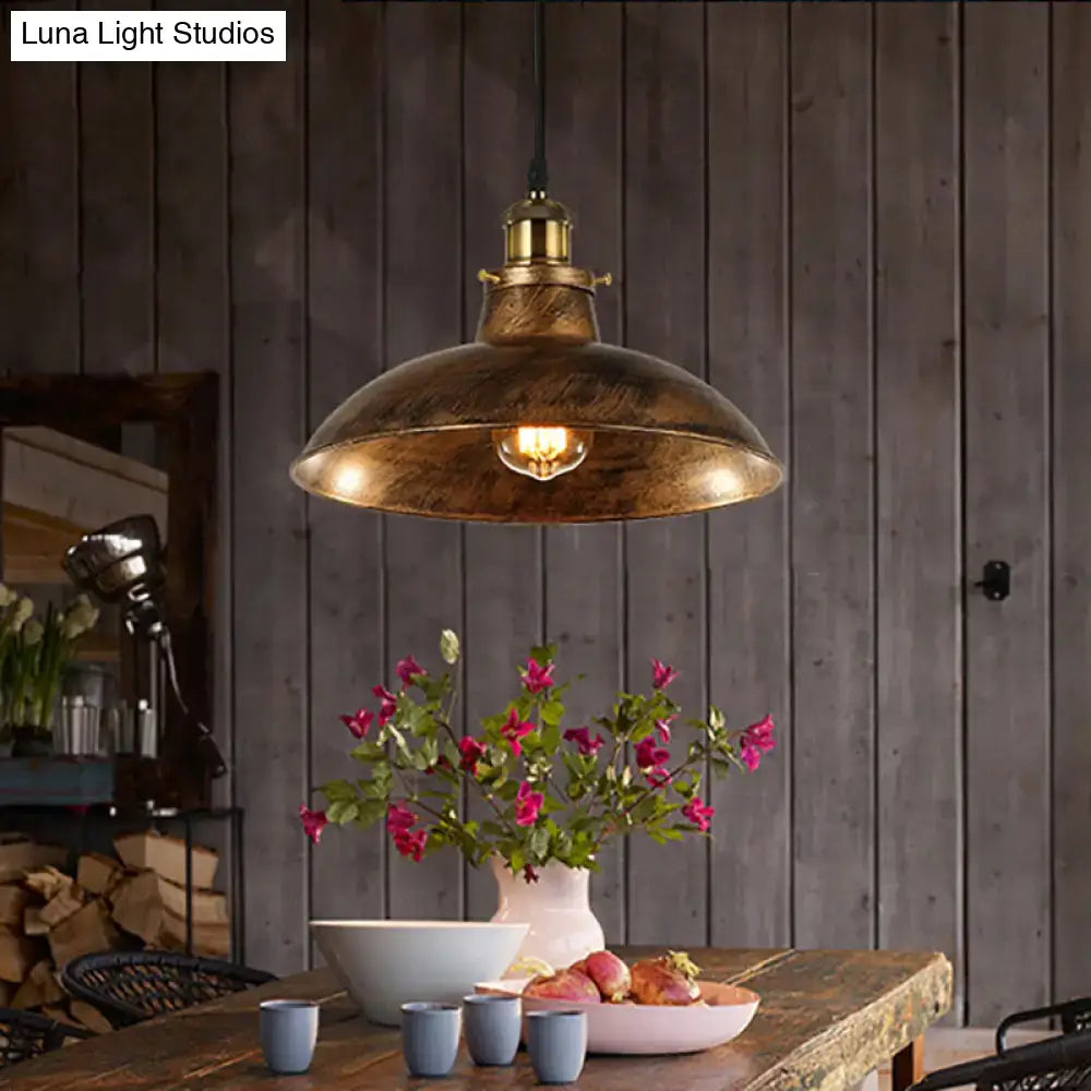 DecorBites wrought iron industrial pendant light with dome-shaped weathered brass shade and visible filament bulb for 110v-120v use